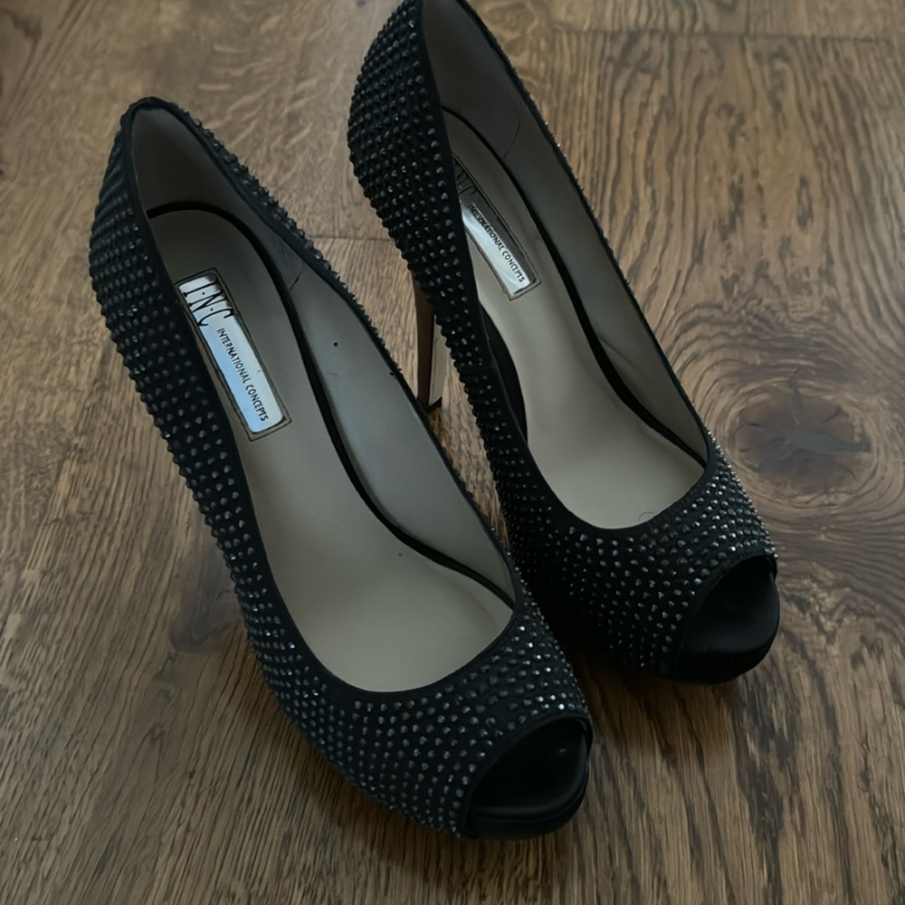 Inc black studded peep toe heels